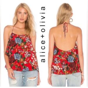 Alice + Olivia Red Silk Halter Top Floral Bird Print Layered S